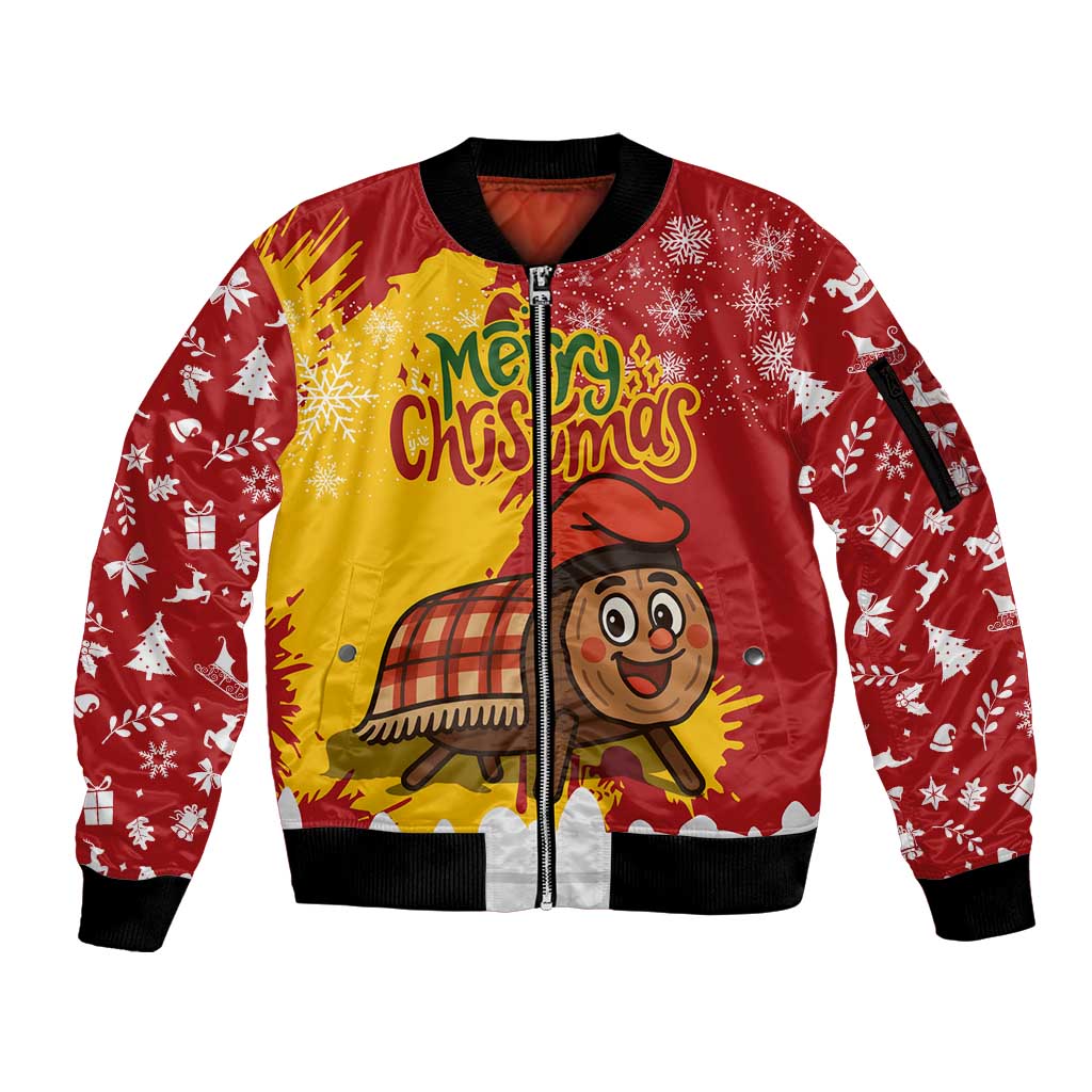Spain Christmas Sleeve Zip Bomber Jacket with Tio de Nadal Log Snowflakes Spanish Flag and Holiday Wreath - Wonder Print Shop