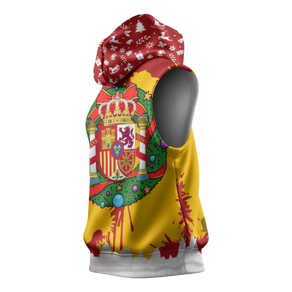 Spain Christmas Sleeveless Hoodie with Tio de Nadal Log Snowflakes Spanish Flag and Holiday Wreath - Wonder Print Shop
