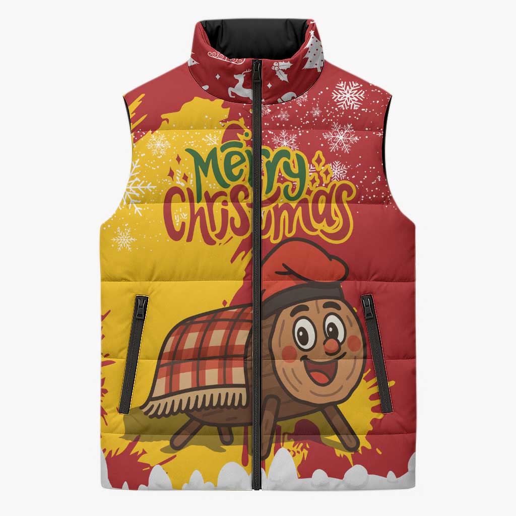 Spain Christmas Sleeveless Puffer Jacket with Tio de Nadal Log Snowflakes Spanish Flag and Holiday Wreath - Wonder Print Shop
