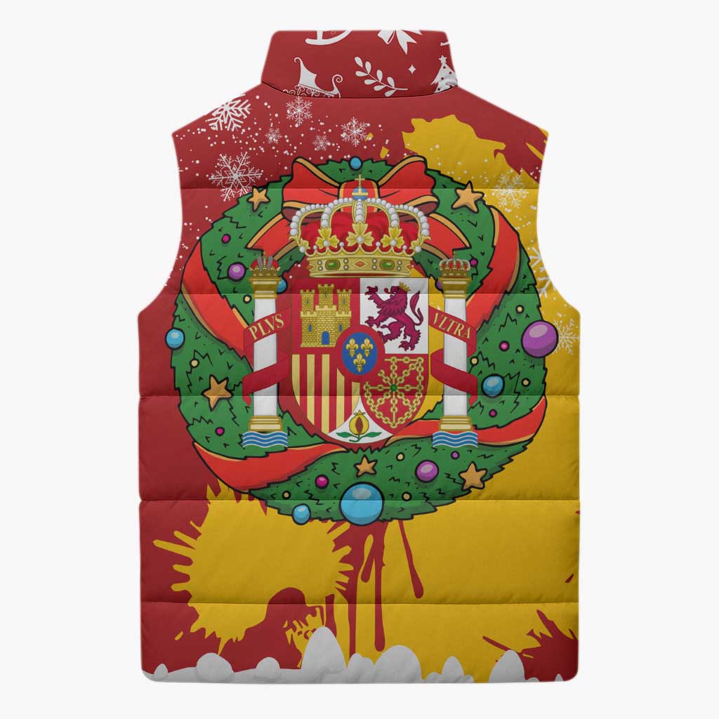 Spain Christmas Sleeveless Puffer Jacket with Tio de Nadal Log Snowflakes Spanish Flag and Holiday Wreath - Wonder Print Shop