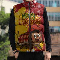 Spain Christmas Sleeveless Puffer Jacket with Tio de Nadal Log Snowflakes Spanish Flag and Holiday Wreath - Wonder Print Shop