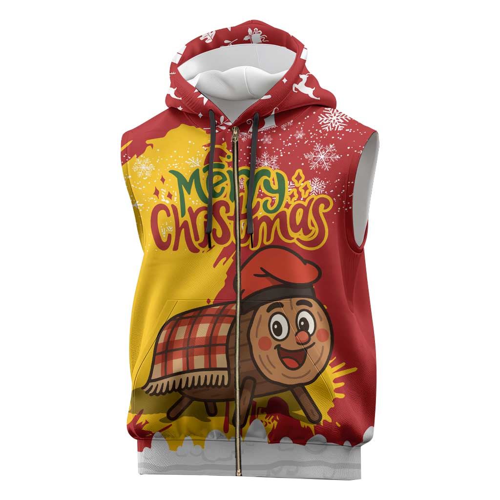 Spain Christmas Sleeveless Zip Hoodie with Tio de Nadal Log Snowflakes Spanish Flag and Holiday Wreath - Wonder Print Shop