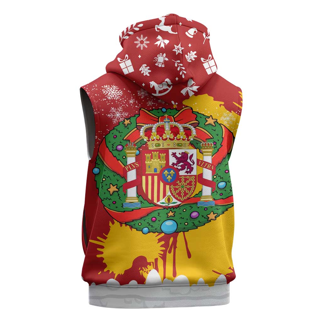 Spain Christmas Sleeveless Zip Hoodie with Tio de Nadal Log Snowflakes Spanish Flag and Holiday Wreath - Wonder Print Shop