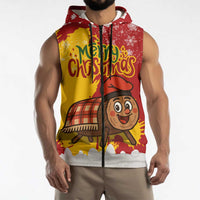Spain Christmas Sleeveless Zip Hoodie with Tio de Nadal Log Snowflakes Spanish Flag and Holiday Wreath - Wonder Print Shop
