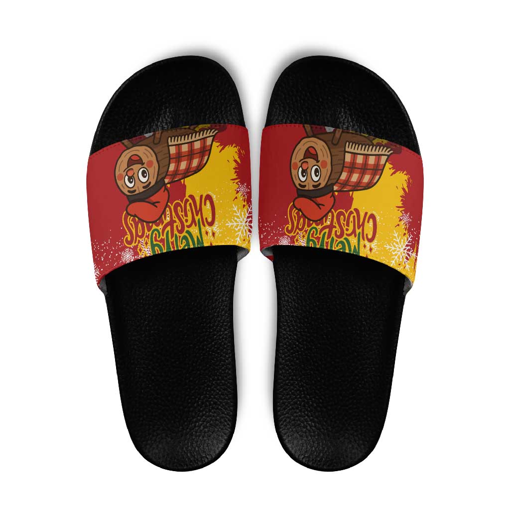 Spain Christmas Slide Sandals with Tio de Nadal Log Snowflakes Spanish Flag and Holiday Wreath - Wonder Print Shop