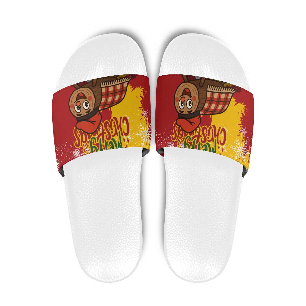 Spain Christmas Slide Sandals with Tio de Nadal Log Snowflakes Spanish Flag and Holiday Wreath - Wonder Print Shop