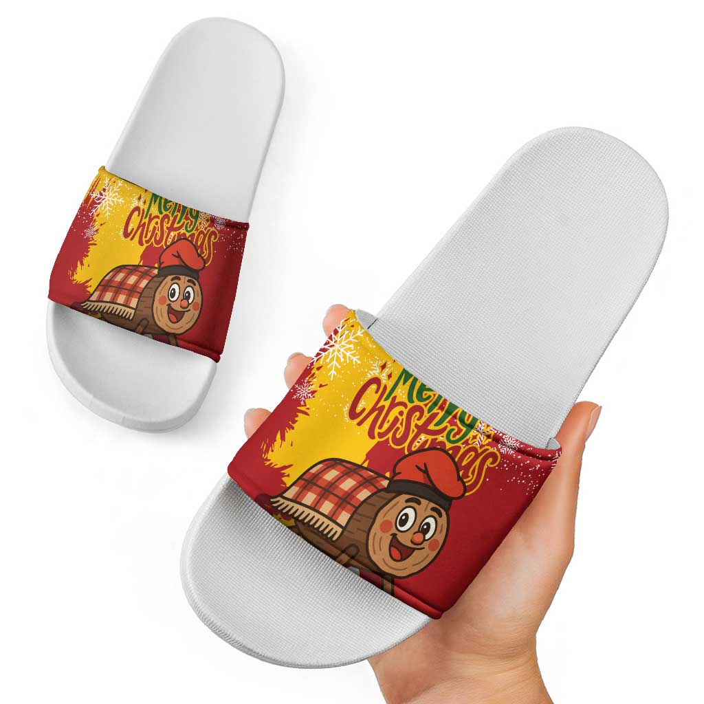 Spain Christmas Slide Sandals with Tio de Nadal Log Snowflakes Spanish Flag and Holiday Wreath - Wonder Print Shop
