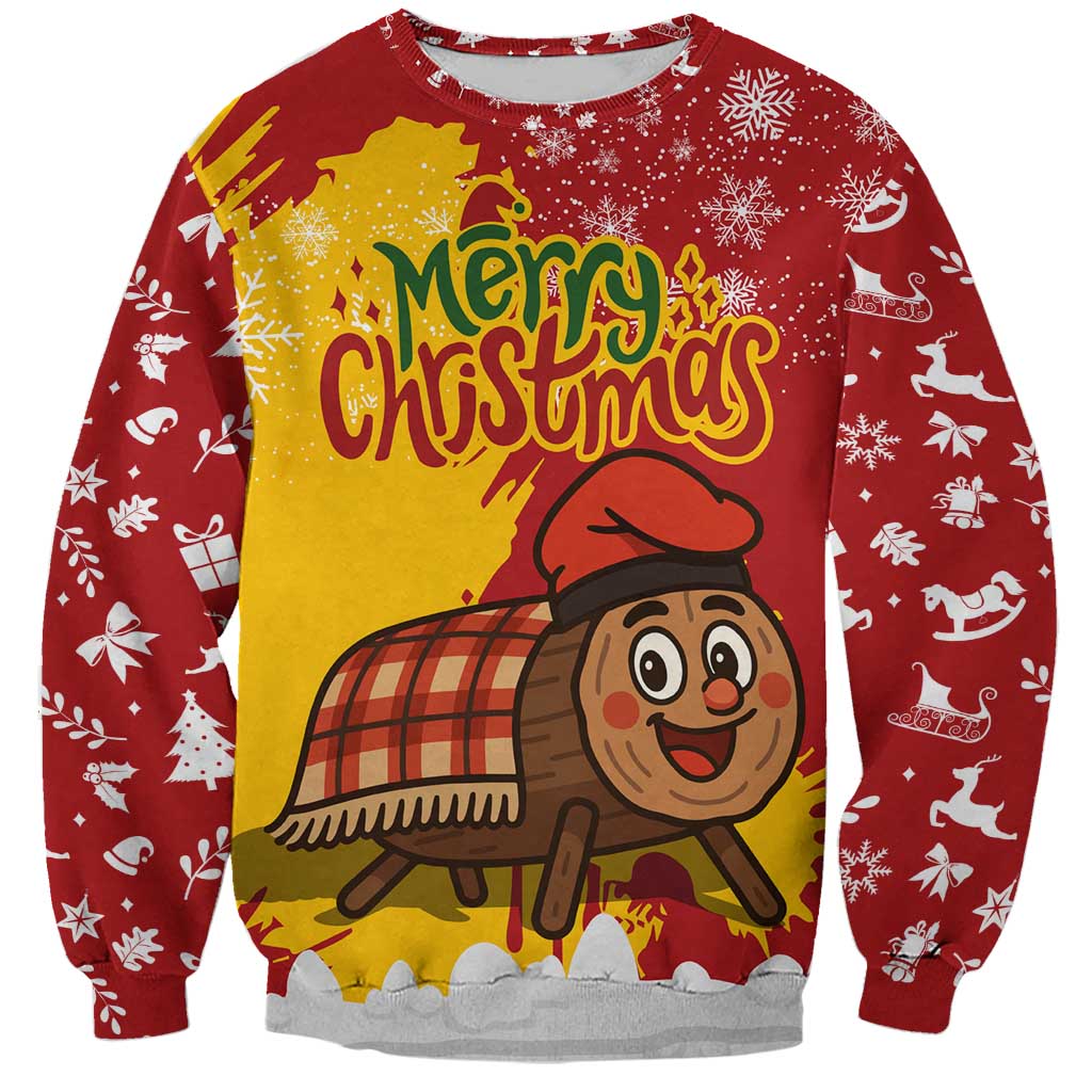 Spain Christmas Sweatshirt with Tio de Nadal Log Snowflakes Spanish Flag and Holiday Wreath - Wonder Print Shop