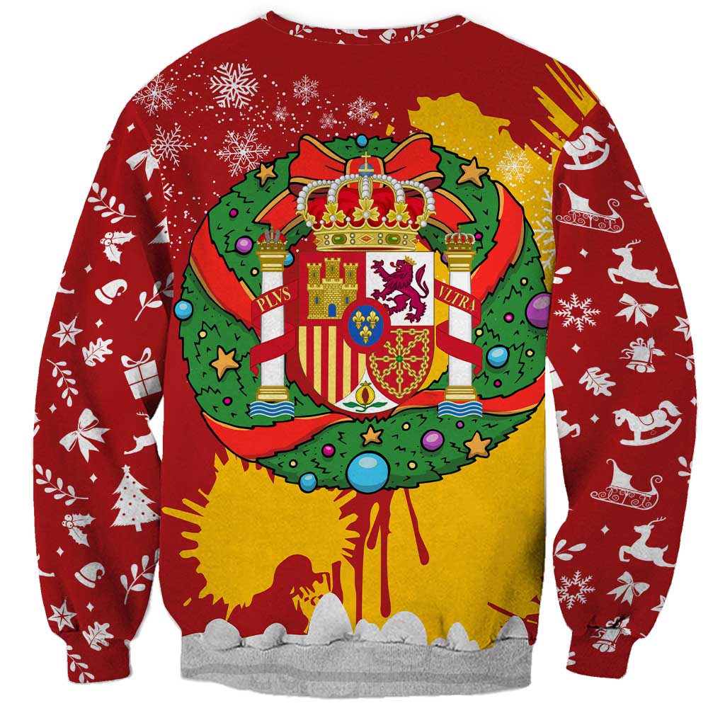Spain Christmas Sweatshirt with Tio de Nadal Log Snowflakes Spanish Flag and Holiday Wreath - Wonder Print Shop