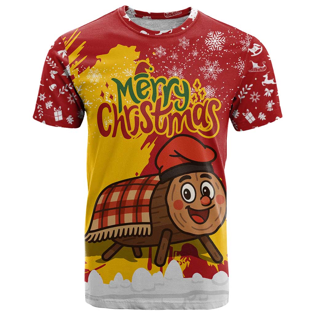 Spain Christmas T Shirt with Tio de Nadal Log Snowflakes Spanish Flag and Holiday Wreath - Wonder Print Shop