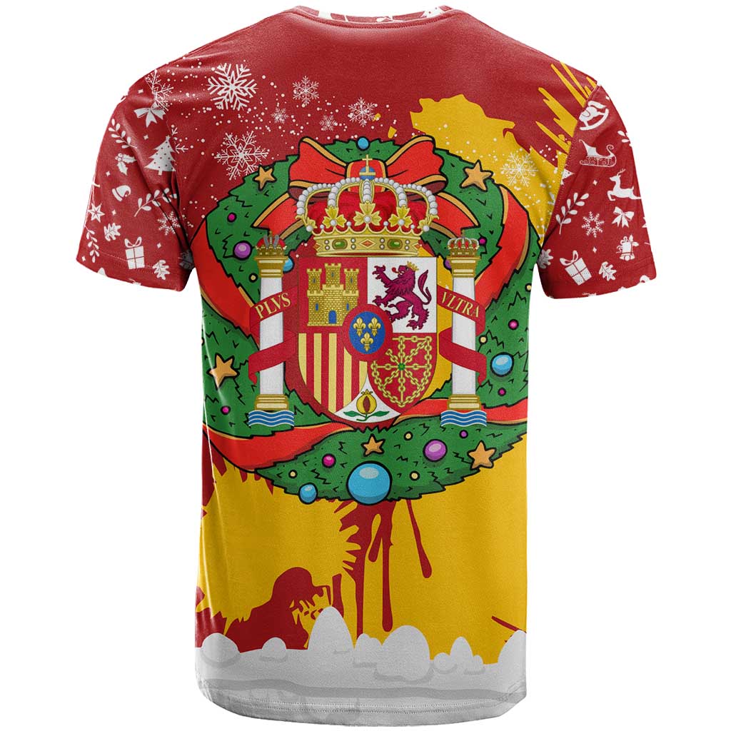 Spain Christmas T Shirt with Tio de Nadal Log Snowflakes Spanish Flag and Holiday Wreath - Wonder Print Shop