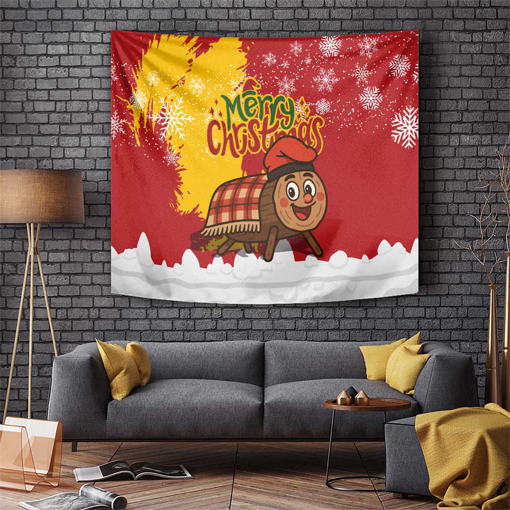 Spain Christmas Tapestry with Tio de Nadal Log Snowflakes Spanish Flag and Holiday Wreath - Wonder Print Shop