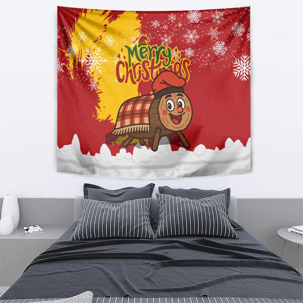 Spain Christmas Tapestry with Tio de Nadal Log Snowflakes Spanish Flag and Holiday Wreath - Wonder Print Shop