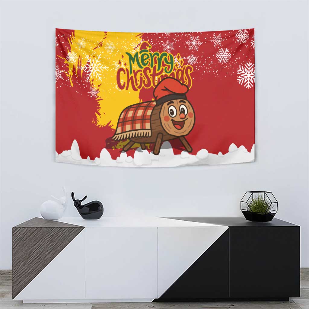 Spain Christmas Tapestry with Tio de Nadal Log Snowflakes Spanish Flag and Holiday Wreath - Wonder Print Shop
