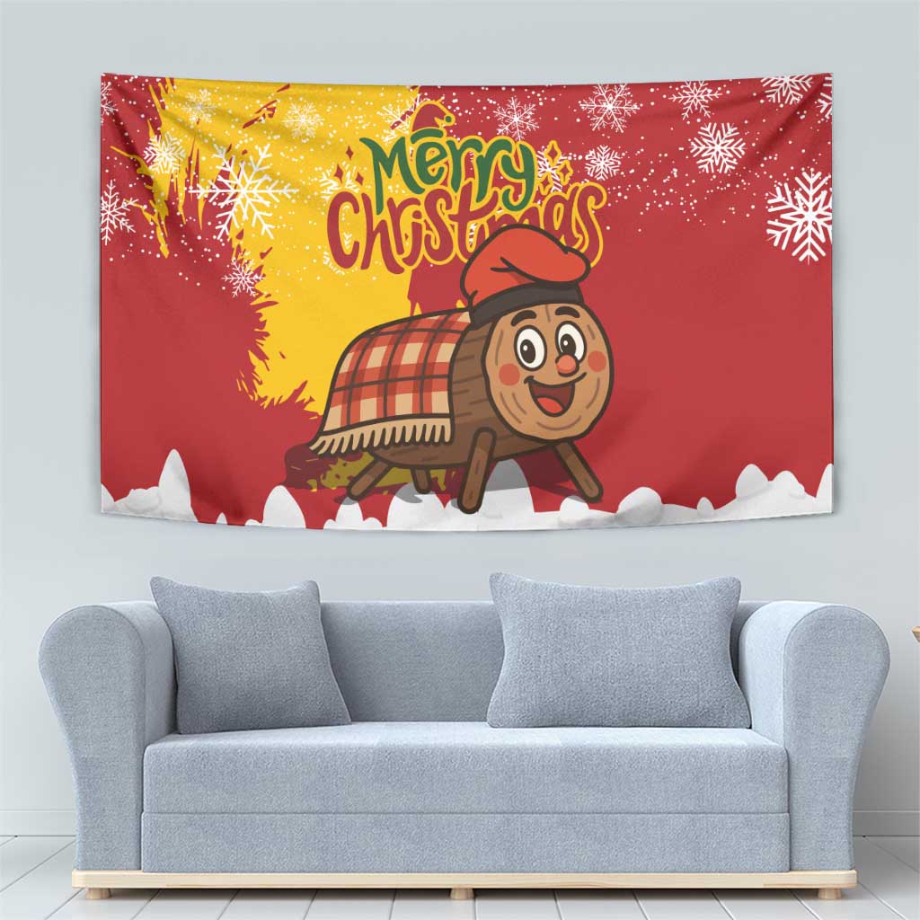 Spain Christmas Tapestry with Tio de Nadal Log Snowflakes Spanish Flag and Holiday Wreath - Wonder Print Shop