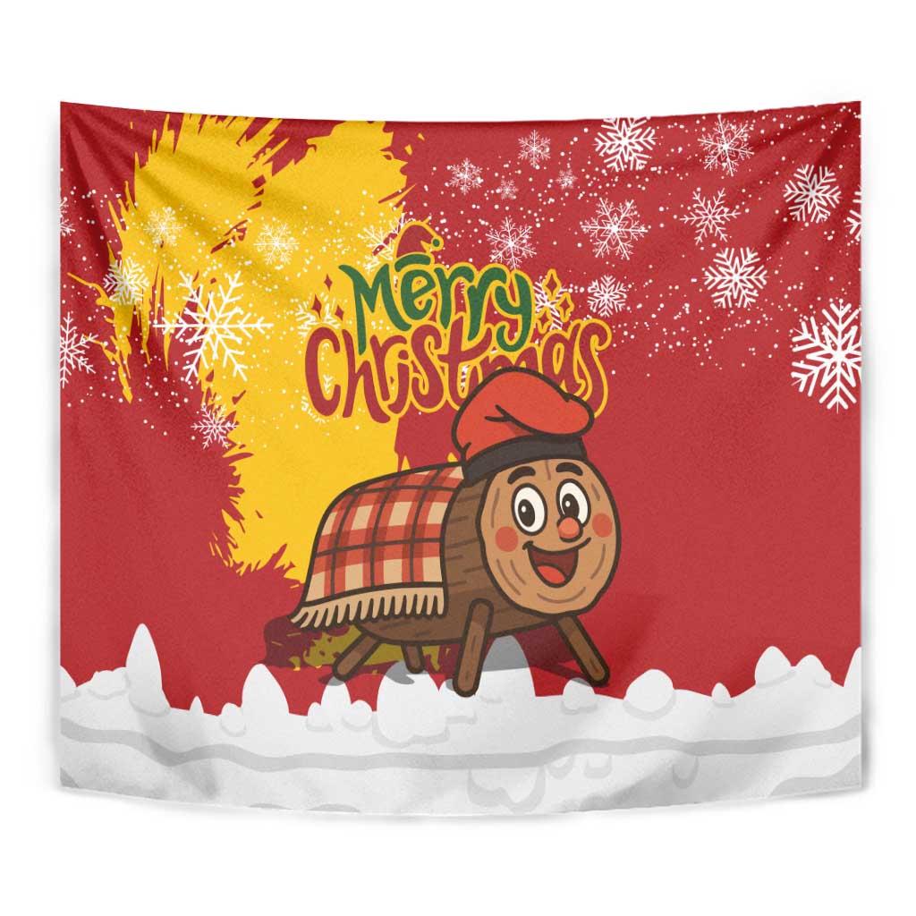 Spain Christmas Tapestry with Tio de Nadal Log Snowflakes Spanish Flag and Holiday Wreath - Wonder Print Shop