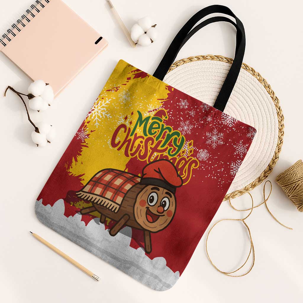 Spain Christmas Tote Bag with Tio de Nadal Log Snowflakes Spanish Flag and Holiday Wreath - Wonder Print Shop