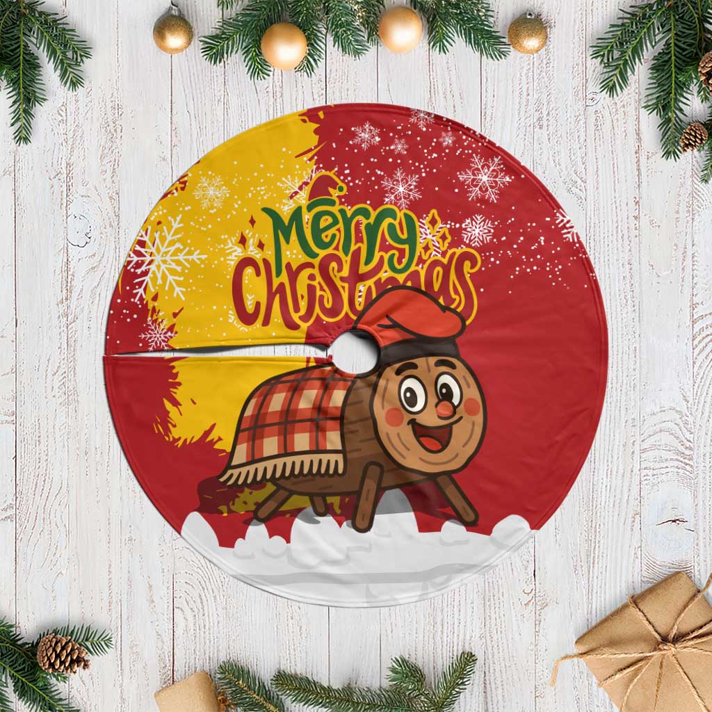 Spain Christmas Tree Skirt with Tio de Nadal Log Snowflakes Spanish Flag and Holiday Wreath - Wonder Print Shop