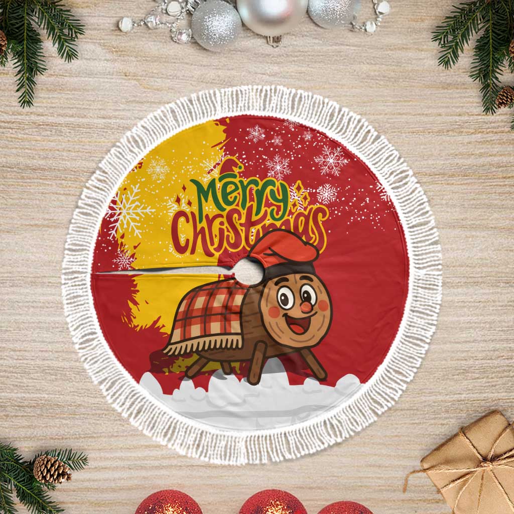Spain Christmas Tree Skirt with Tio de Nadal Log Snowflakes Spanish Flag and Holiday Wreath - Wonder Print Shop