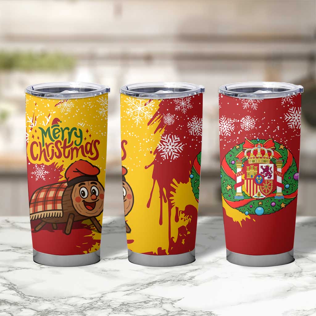 Spain Christmas Tumbler Cup with Tio de Nadal Log Snowflakes Spanish Flag and Holiday Wreath - Wonder Print Shop