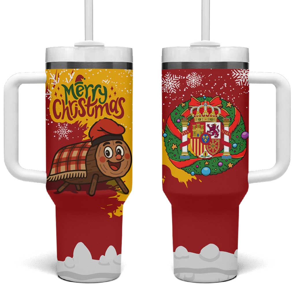 Spain Christmas Tumbler With Handle with Tio de Nadal Log Snowflakes Spanish Flag and Holiday Wreath - Wonder Print Shop