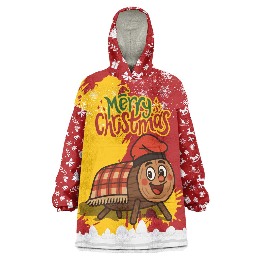 Spain Christmas Wearable Blanket Hoodie with Tio de Nadal Log Snowflakes Spanish Flag and Holiday Wreath - Wonder Print Shop