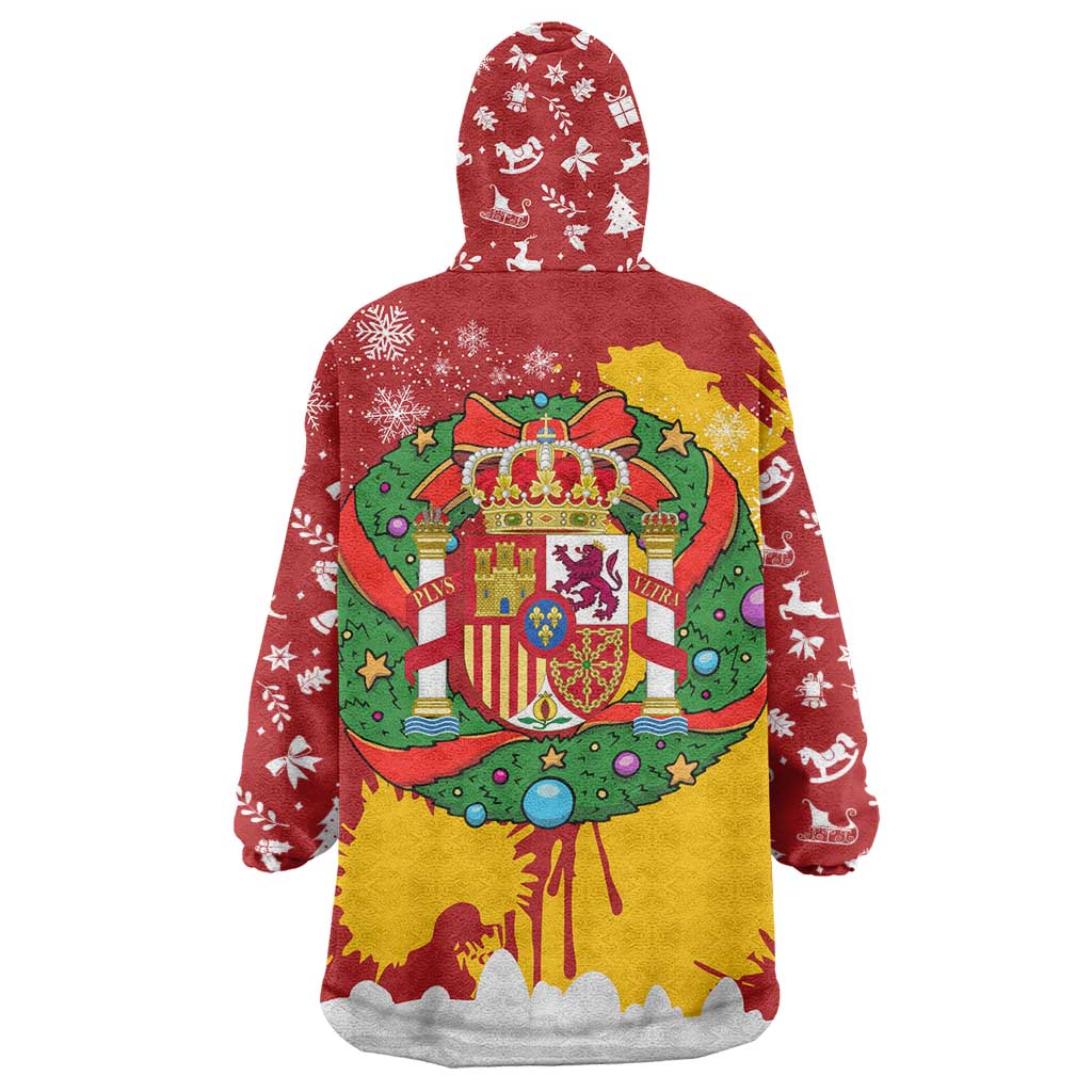 Spain Christmas Wearable Blanket Hoodie with Tio de Nadal Log Snowflakes Spanish Flag and Holiday Wreath - Wonder Print Shop