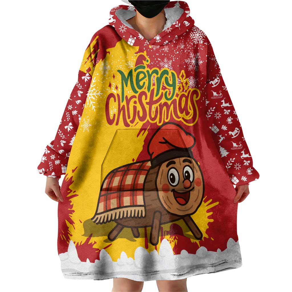 Spain Christmas Wearable Blanket Hoodie with Tio de Nadal Log Snowflakes Spanish Flag and Holiday Wreath - Wonder Print Shop