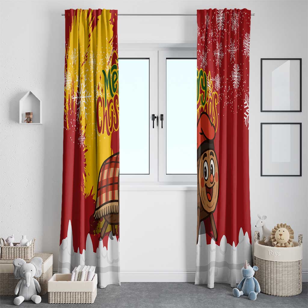 Spain Christmas Window Curtain with Tio de Nadal Log Snowflakes Spanish Flag and Holiday Wreath - Wonder Print Shop