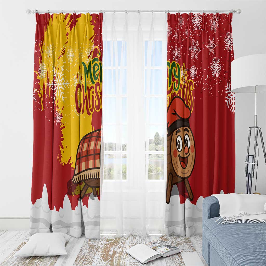 Spain Christmas Window Curtain with Tio de Nadal Log Snowflakes Spanish Flag and Holiday Wreath - Wonder Print Shop