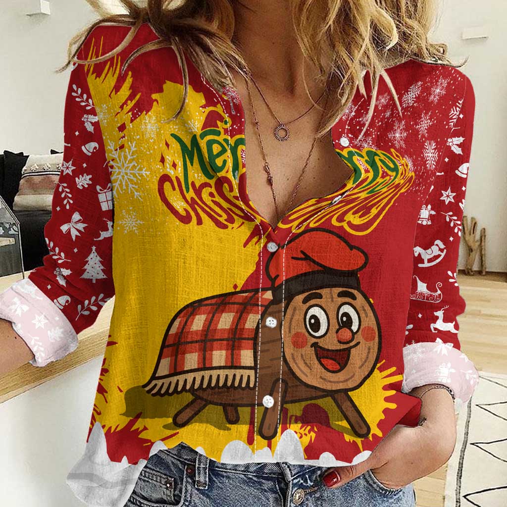 Spain Christmas Women Casual Shirt with Tio de Nadal Log Snowflakes Spanish Flag and Holiday Wreath - Wonder Print Shop