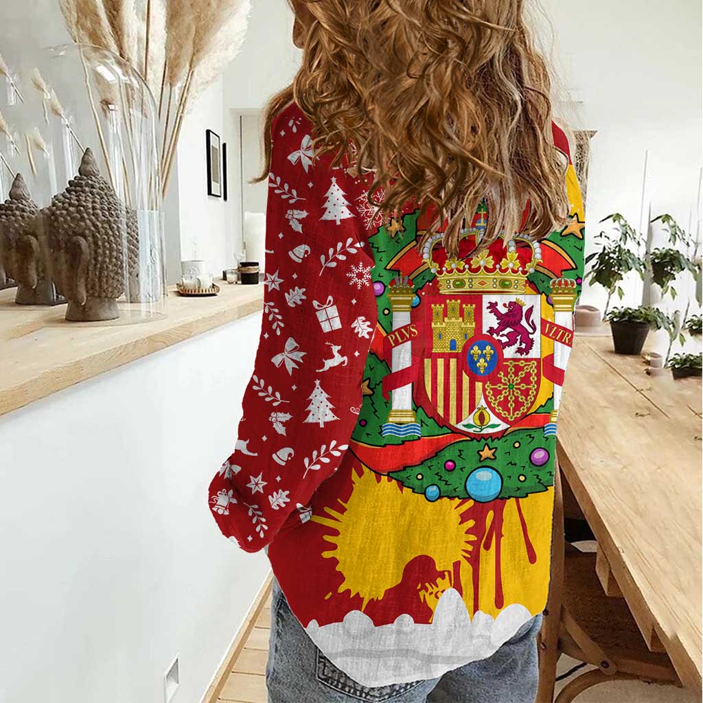 Spain Christmas Women Casual Shirt with Tio de Nadal Log Snowflakes Spanish Flag and Holiday Wreath - Wonder Print Shop