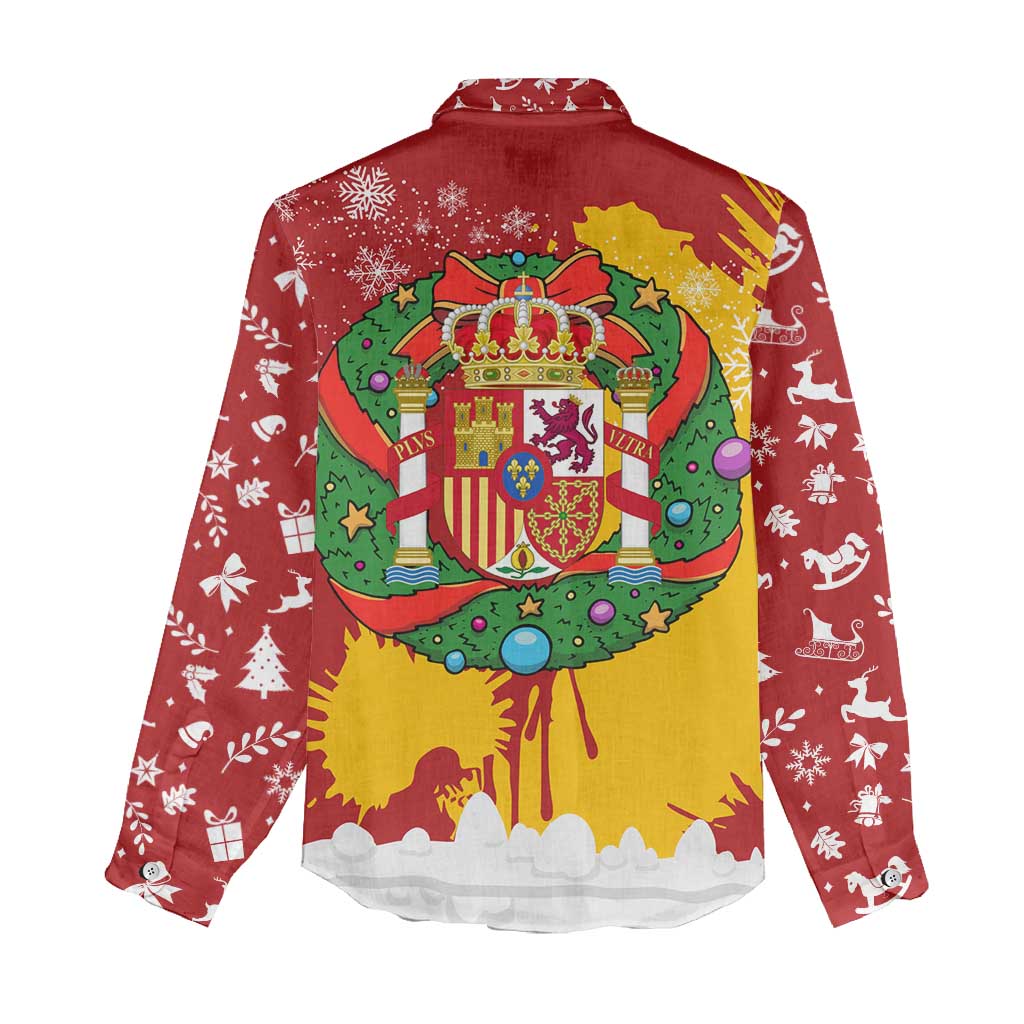 Spain Christmas Women Casual Shirt with Tio de Nadal Log Snowflakes Spanish Flag and Holiday Wreath - Wonder Print Shop