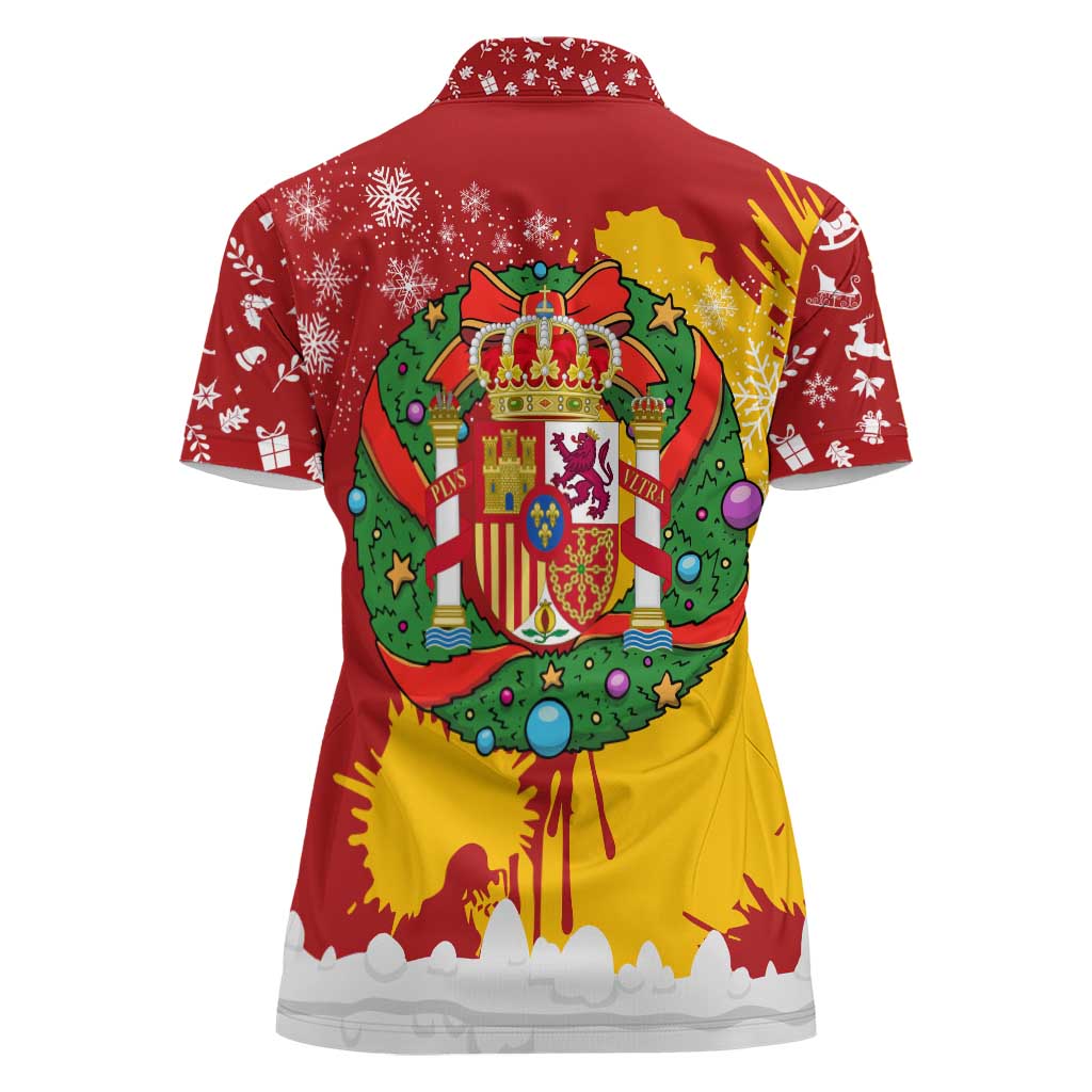 Spain Christmas Women Polo Shirt with Tio de Nadal Log Snowflakes Spanish Flag and Holiday Wreath - Wonder Print Shop