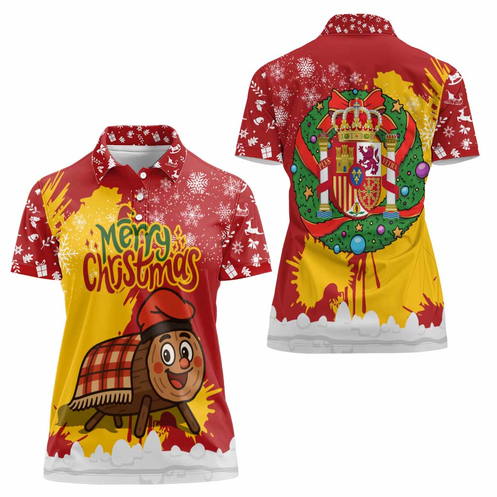 Spain Christmas Women Polo Shirt with Tio de Nadal Log Snowflakes Spanish Flag and Holiday Wreath - Wonder Print Shop