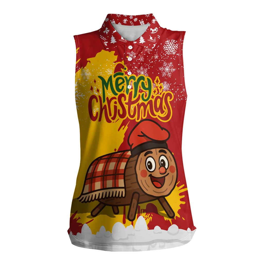 Spain Christmas Women Sleeveless Polo Shirt with Tio de Nadal Log Snowflakes Spanish Flag and Holiday Wreath - Wonder Print Shop