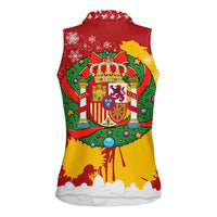 Spain Christmas Women Sleeveless Polo Shirt with Tio de Nadal Log Snowflakes Spanish Flag and Holiday Wreath - Wonder Print Shop