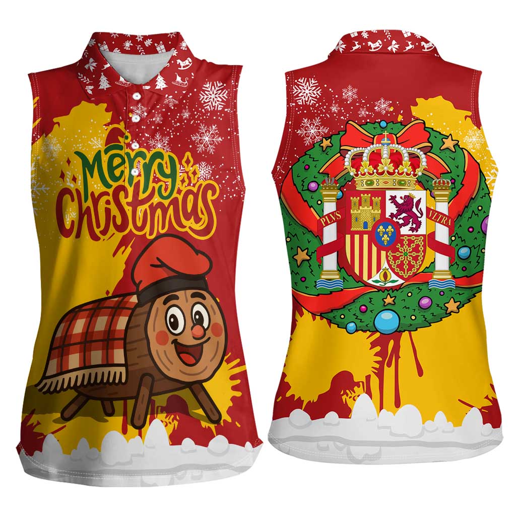 Spain Christmas Women Sleeveless Polo Shirt with Tio de Nadal Log Snowflakes Spanish Flag and Holiday Wreath - Wonder Print Shop