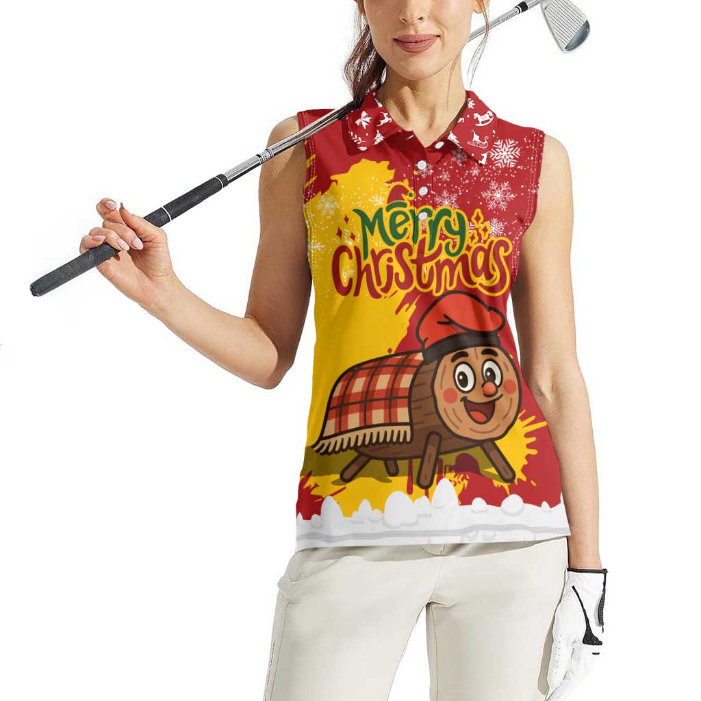 Spain Christmas Women Sleeveless Polo Shirt with Tio de Nadal Log Snowflakes Spanish Flag and Holiday Wreath - Wonder Print Shop