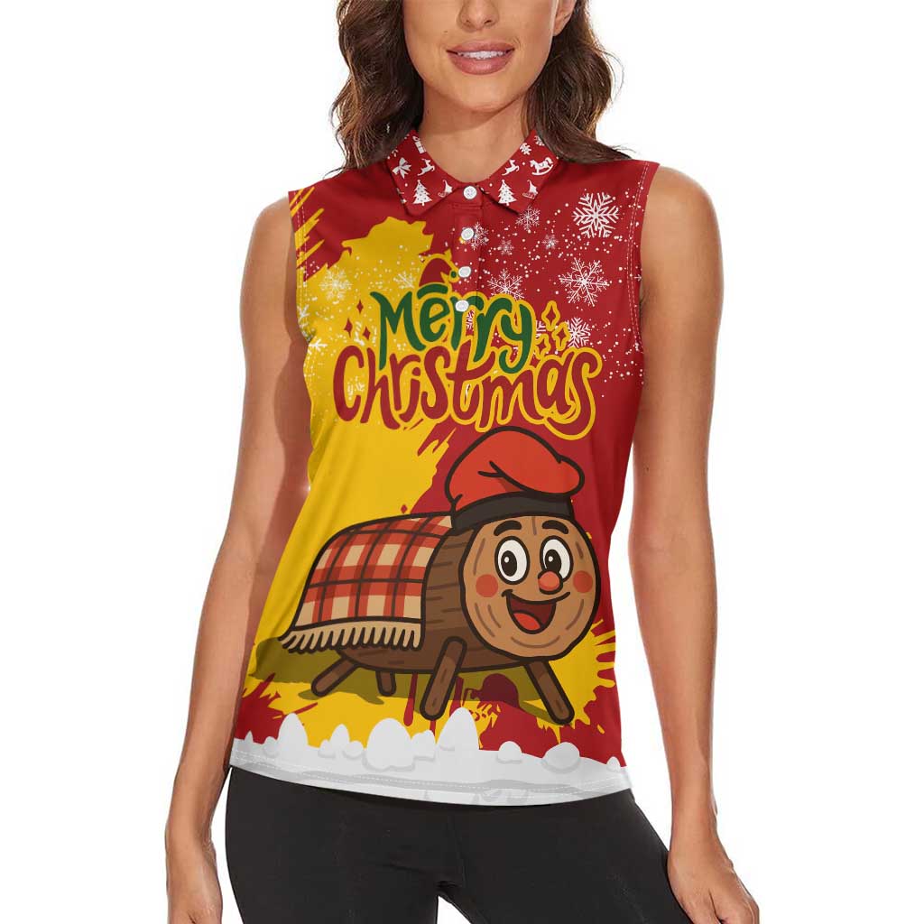 Spain Christmas Women Sleeveless Polo Shirt with Tio de Nadal Log Snowflakes Spanish Flag and Holiday Wreath - Wonder Print Shop