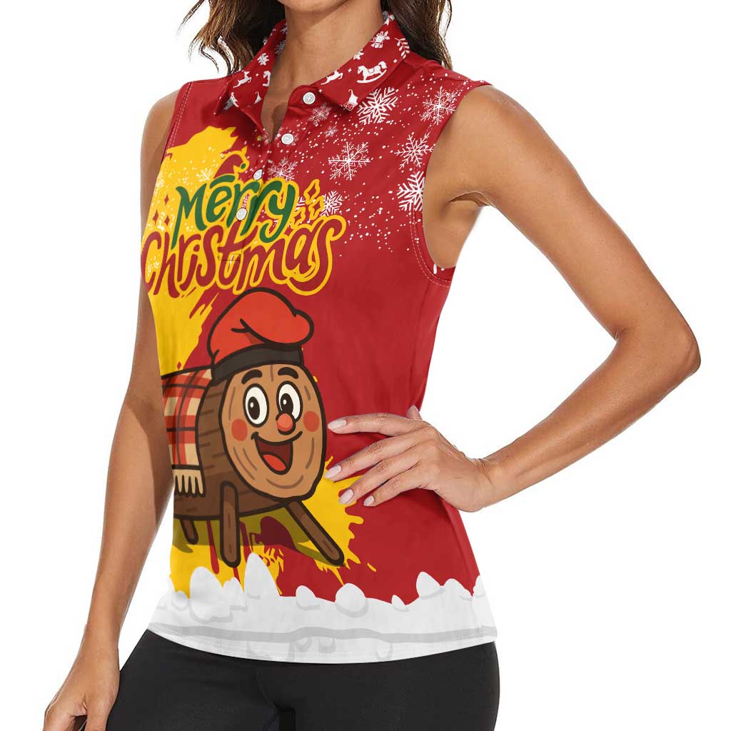 Spain Christmas Women Sleeveless Polo Shirt with Tio de Nadal Log Snowflakes Spanish Flag and Holiday Wreath - Wonder Print Shop