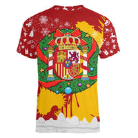 Spain Christmas Women V-Neck T-Shirt with Tio de Nadal Log Snowflakes Spanish Flag and Holiday Wreath - Wonder Print Shop