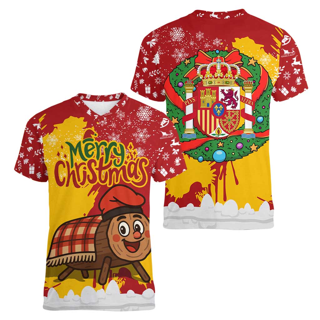 Spain Christmas Women V-Neck T-Shirt with Tio de Nadal Log Snowflakes Spanish Flag and Holiday Wreath - Wonder Print Shop