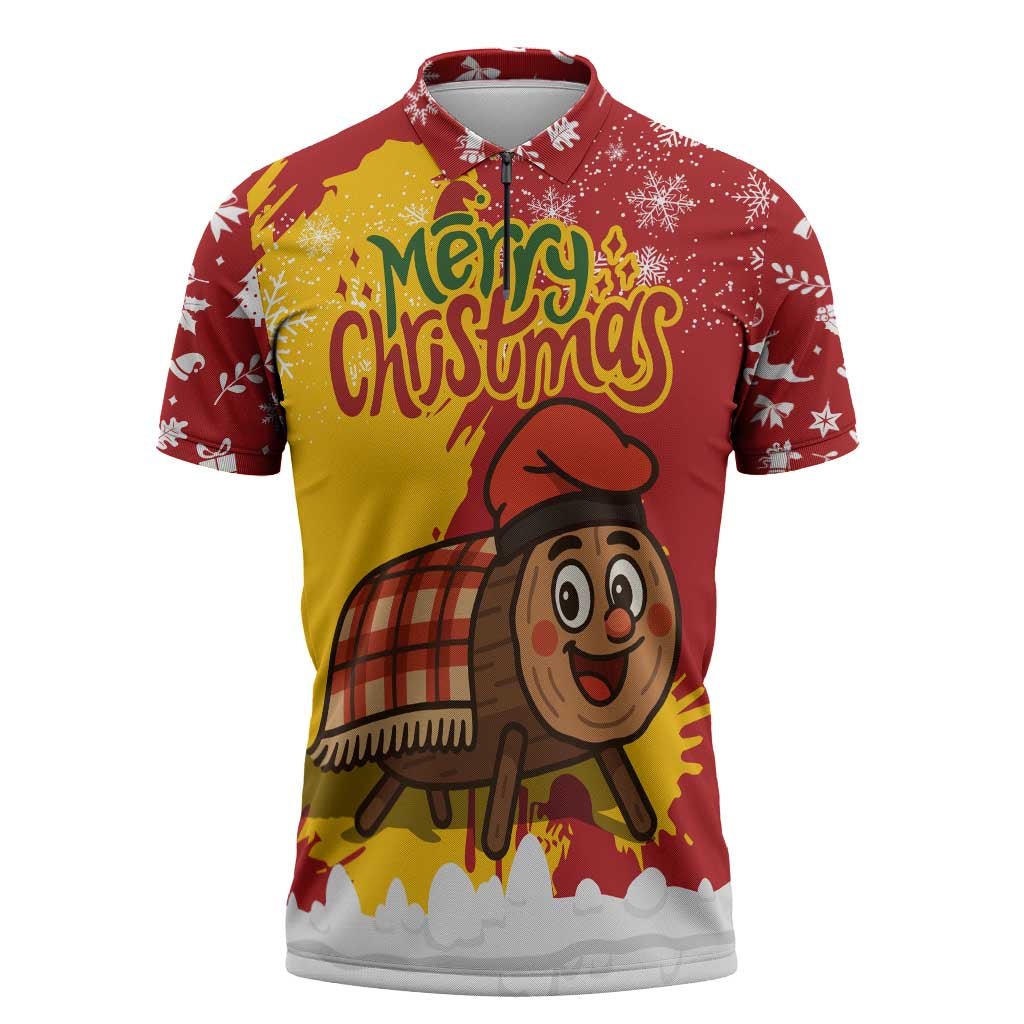 Spain Christmas Zipper Polo Shirt with Tio de Nadal Log Snowflakes Spanish Flag and Holiday Wreath - Wonder Print Shop