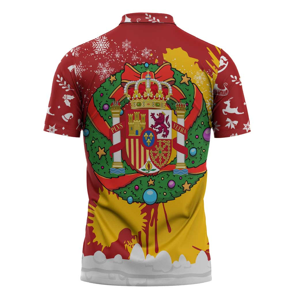 Spain Christmas Zipper Polo Shirt with Tio de Nadal Log Snowflakes Spanish Flag and Holiday Wreath - Wonder Print Shop