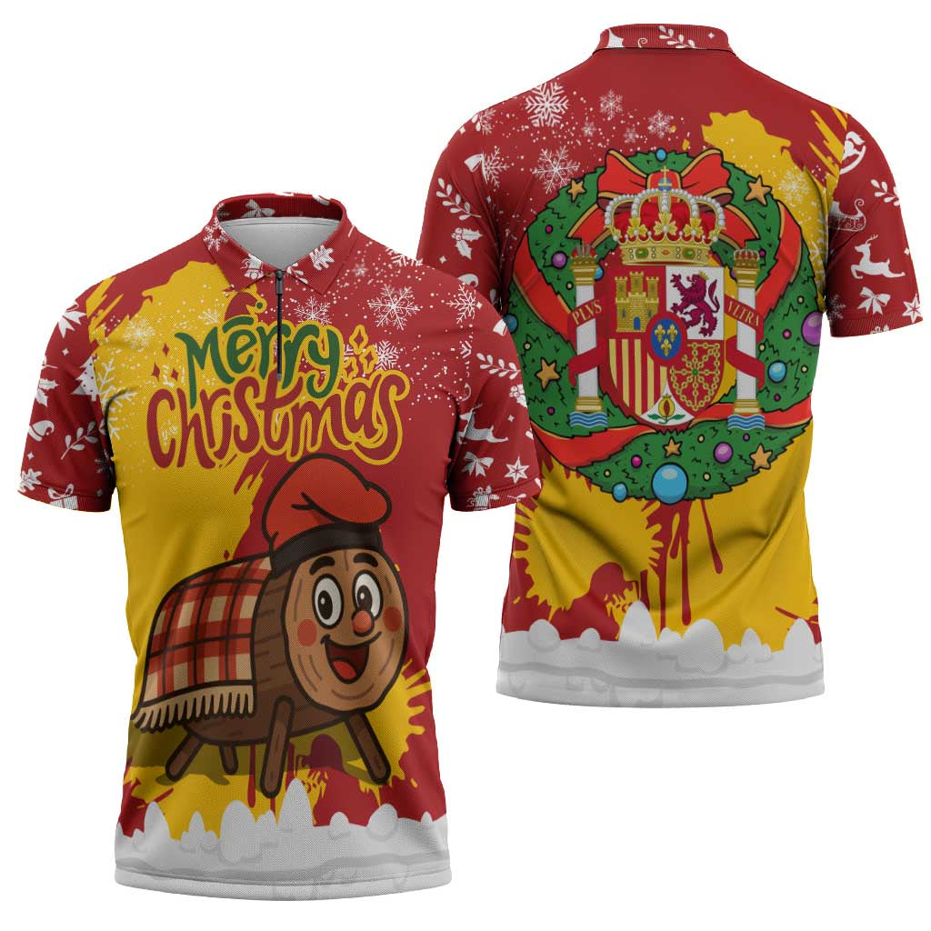 Spain Christmas Zipper Polo Shirt with Tio de Nadal Log Snowflakes Spanish Flag and Holiday Wreath - Wonder Print Shop