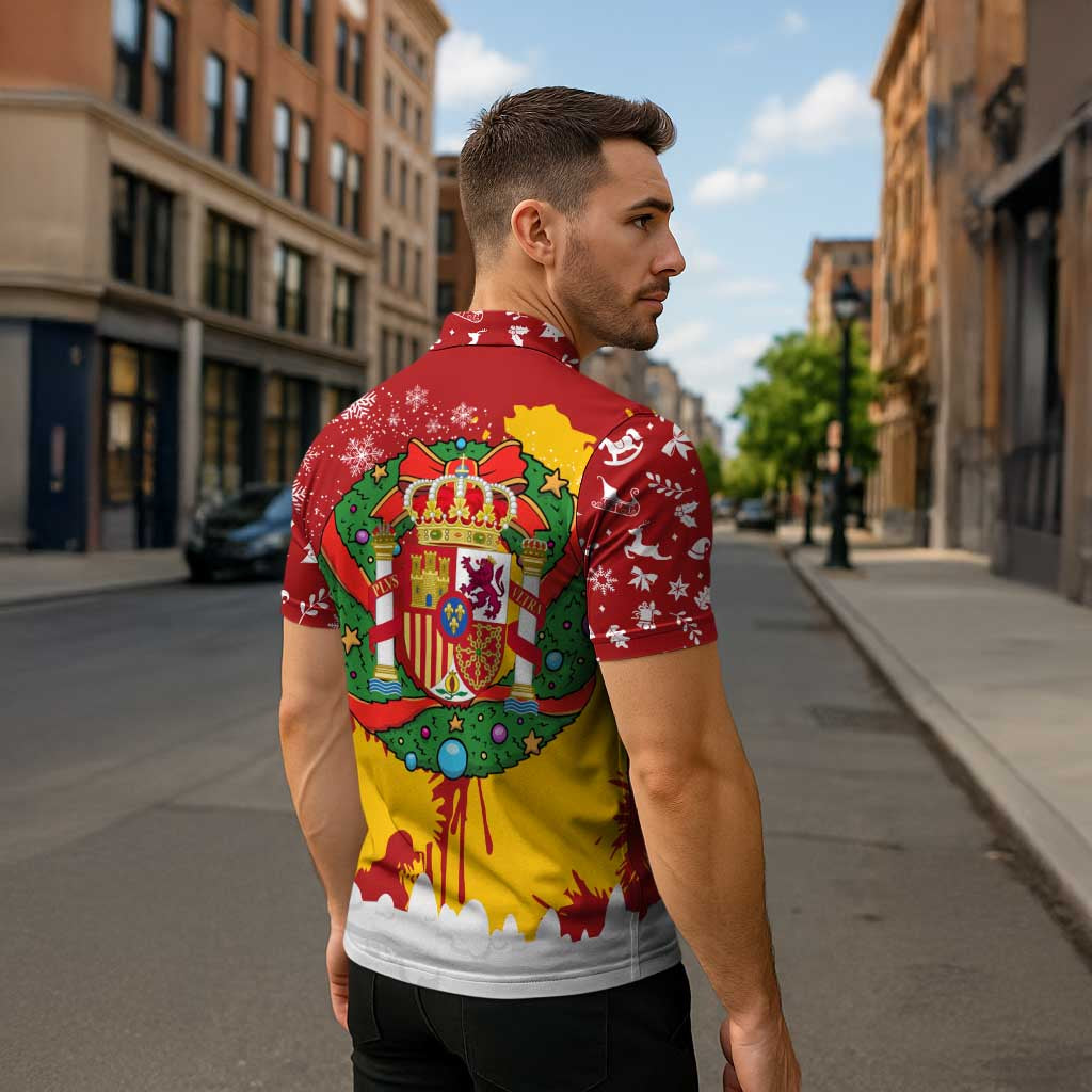 Spain Christmas Zipper Polo Shirt with Tio de Nadal Log Snowflakes Spanish Flag and Holiday Wreath - Wonder Print Shop