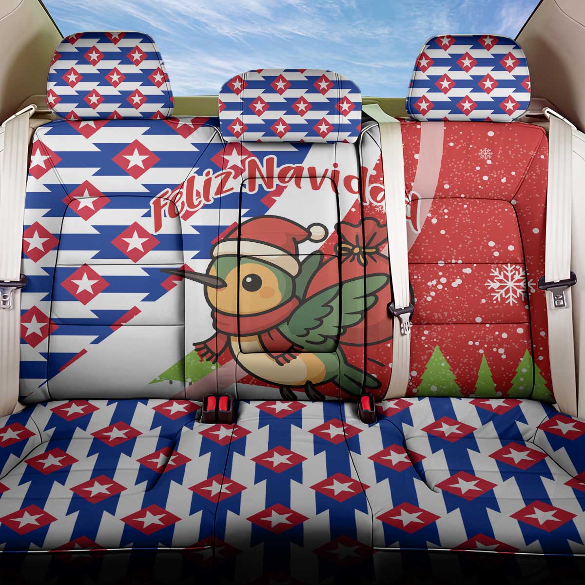 Cuba Christmas Back Car Seat Cover with Santa Hummingbird Cuban Flag Feliz Navidad and Snowflake - Wonder Print Shop