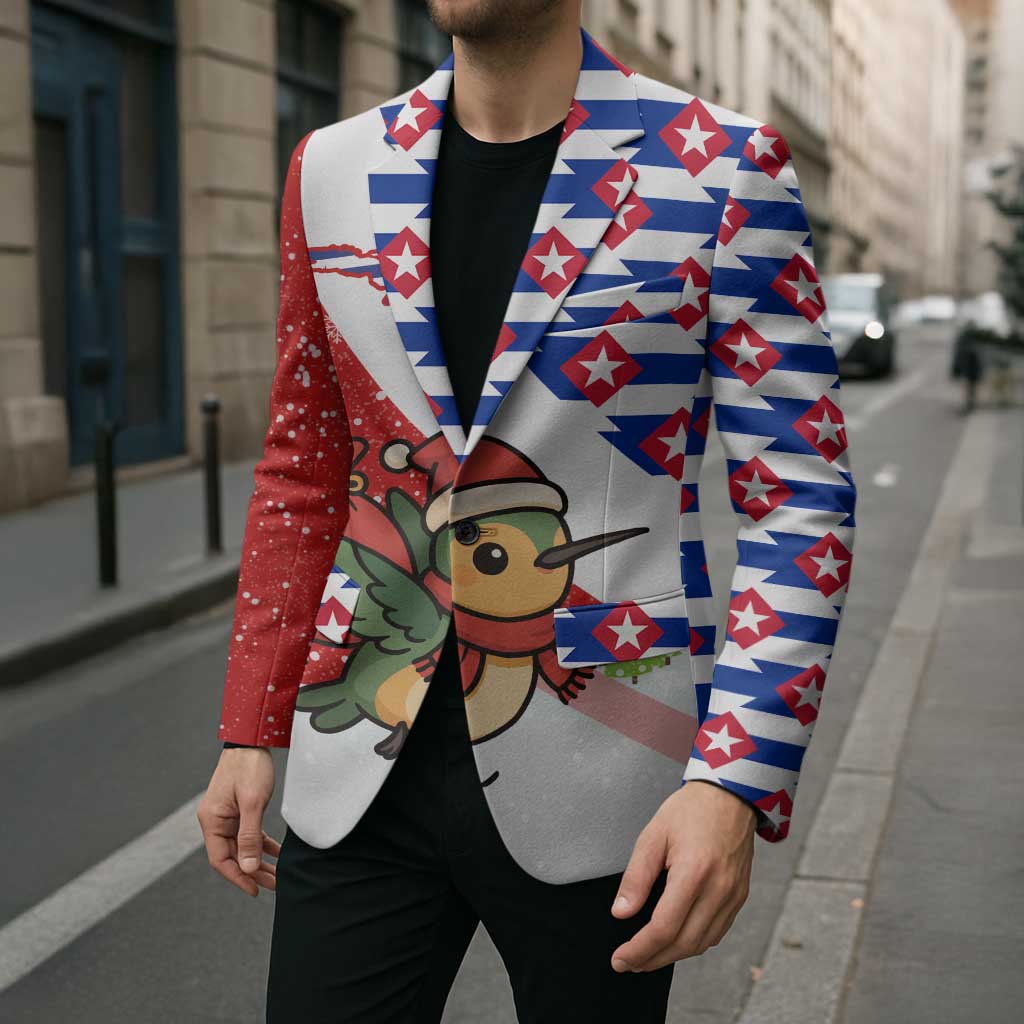 Cuba Christmas Blazer with Santa Hummingbird Cuban Flag Feliz Navidad and Snowflake - Wonder Print Shop