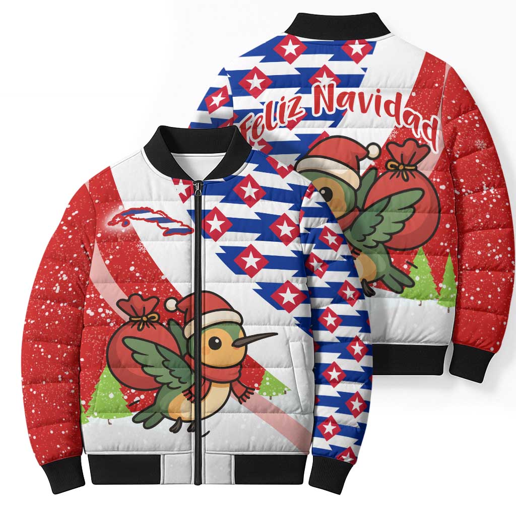 Cuba Christmas Bomber Puffer Jacket with Santa Hummingbird Cuban Flag Feliz Navidad and Snowflake - Wonder Print Shop